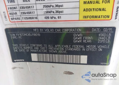 2011 Volvo C70 T5 из США, поврежденный, VIN YV1672MCXBJ118019